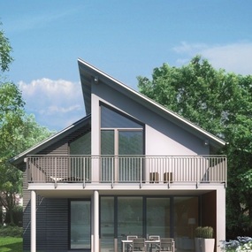 Modernes Einfamilienhaus mit großer Terrasse, Balkon und Garten bei sonnigem Wetter.